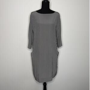 100% Silk Shift Dress Striped Minimalist Pocket Shift Tunic Black White Small